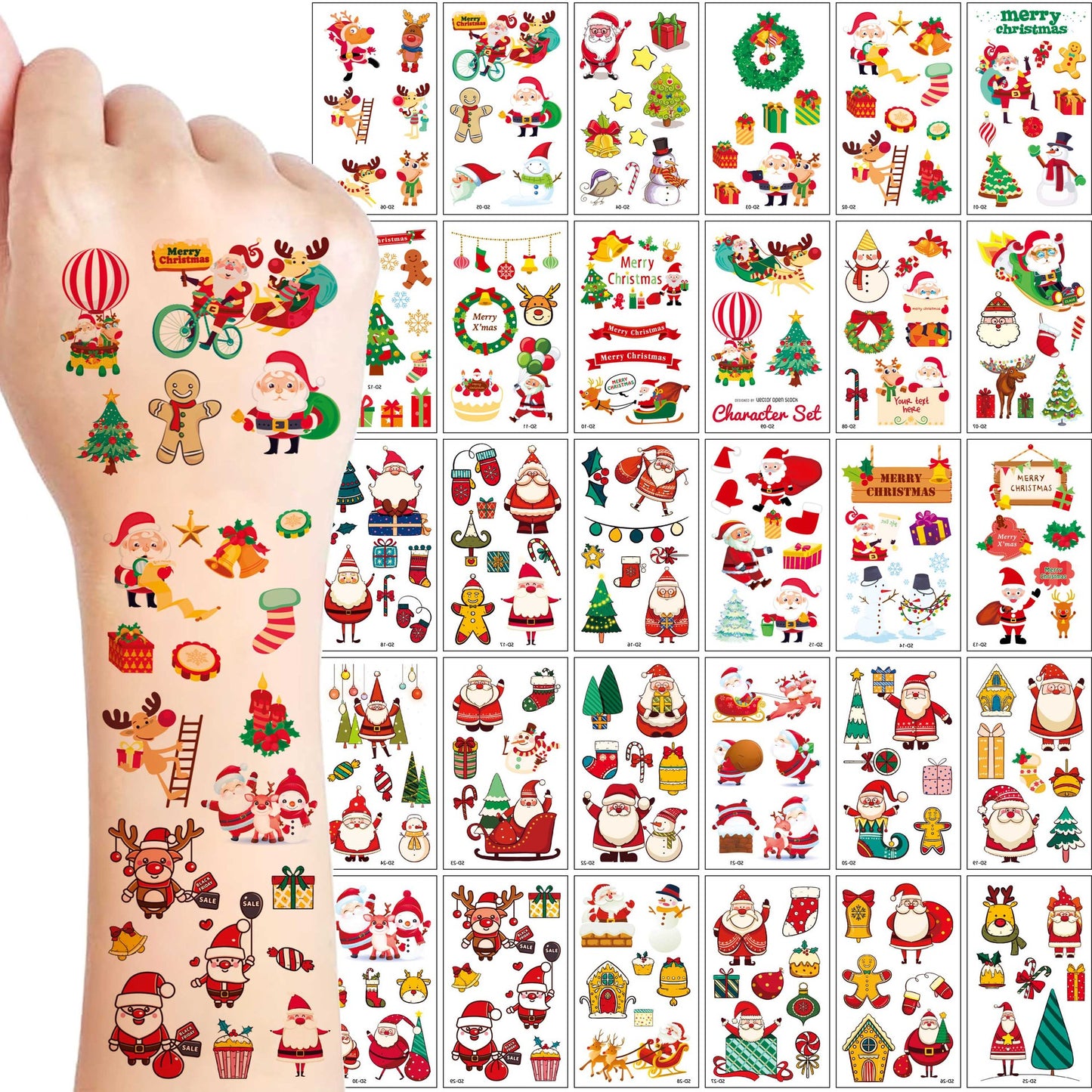 New Cartoon Christmas Tattoo Stickers 30pcs/set– Premium Cute Kids Temporary Tattoos with Santa Claus Gift Designs for Arms